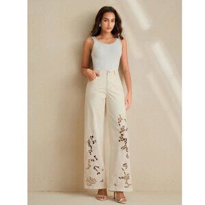 Elegant Ivory Wide-Leg Pants with Floral Lace Cutout | High-Waist Chic Trousers
